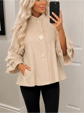 Y2K MM Couture Cream Wool Swing Jacket Ruffle Bell Sleeve Coat Size Large NWT